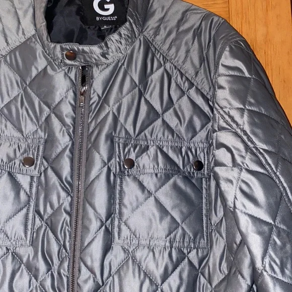G by guess quilted jacket gray front zippered pockets size XL